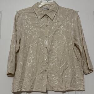 Units Embroidered Print Ivory-Colored Button Up Linen Blend Blouse, size L